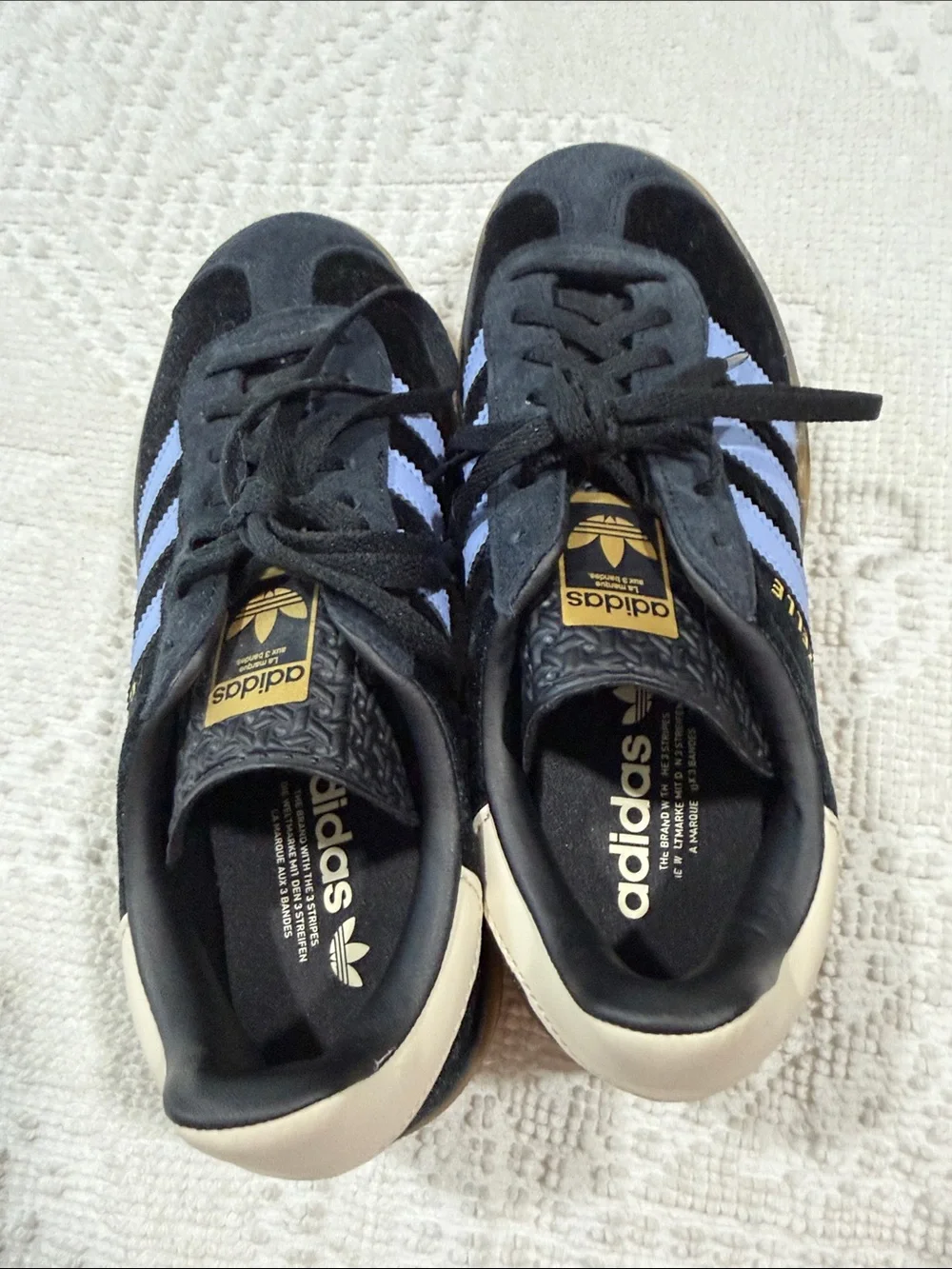 adidas gazelle Kids Black Suede Sneakers with Light Blue Stripes and Gum Sole